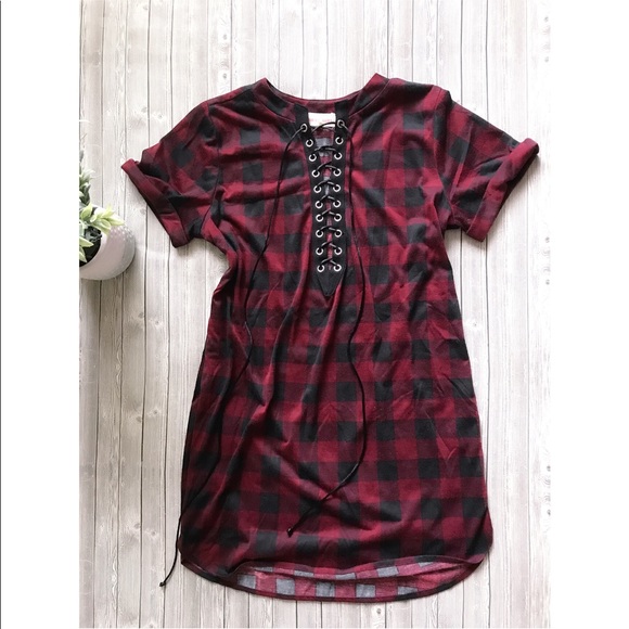Tops - 5 for $20 Red checkered lace up top